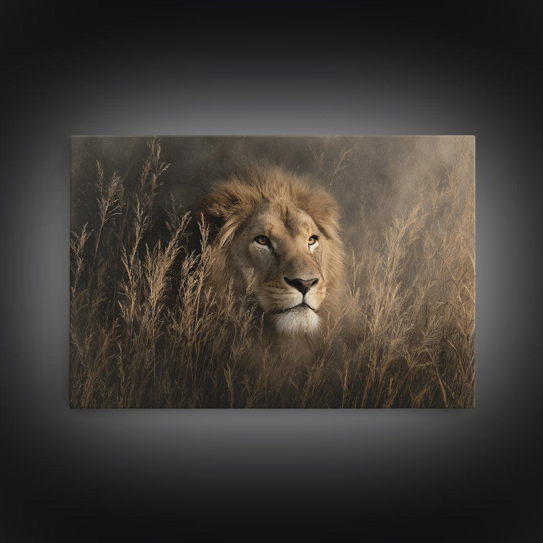 Lion Emerging from Golden Savanna Grass Canvas Print, Wildlife Art, Bird Wall Art, Living Room Decor, Fine Art, Wild, WIL-3x2-53
