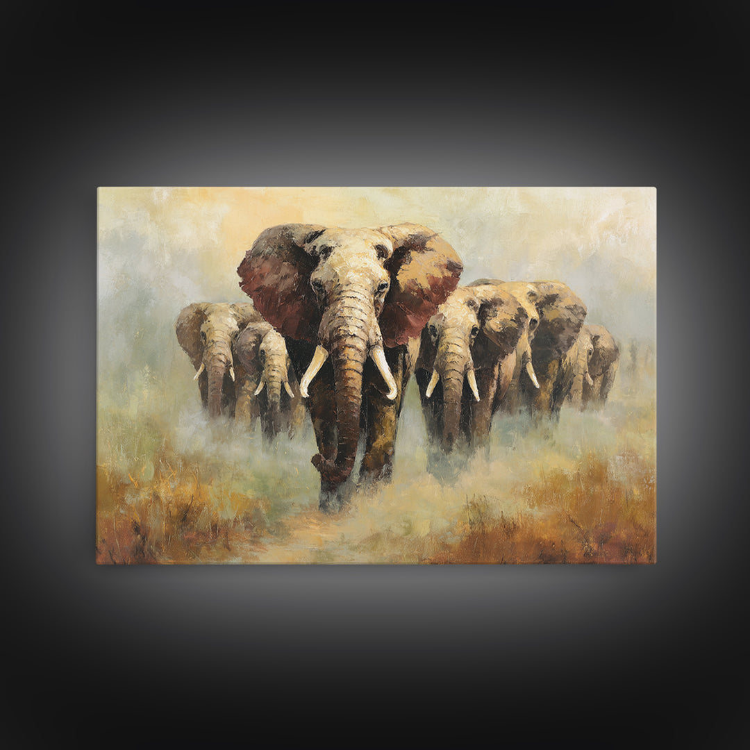 Elephant Herd Walking Through Dusty Sunset Canvas Print, Wildlife Art, Living Room Wall Art, Living Room Decor, Fine Art, Wild, WIL-3x2-54