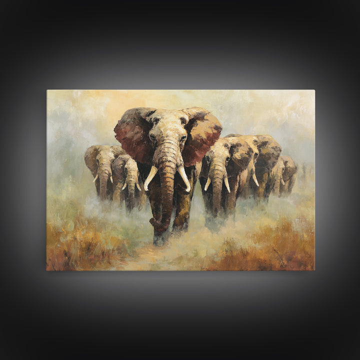 Elephant Herd Walking Through Dusty Sunset Canvas Print, Wildlife Art, Living Room Wall Art, Living Room Decor, Fine Art, Wild, WIL-3x2-54