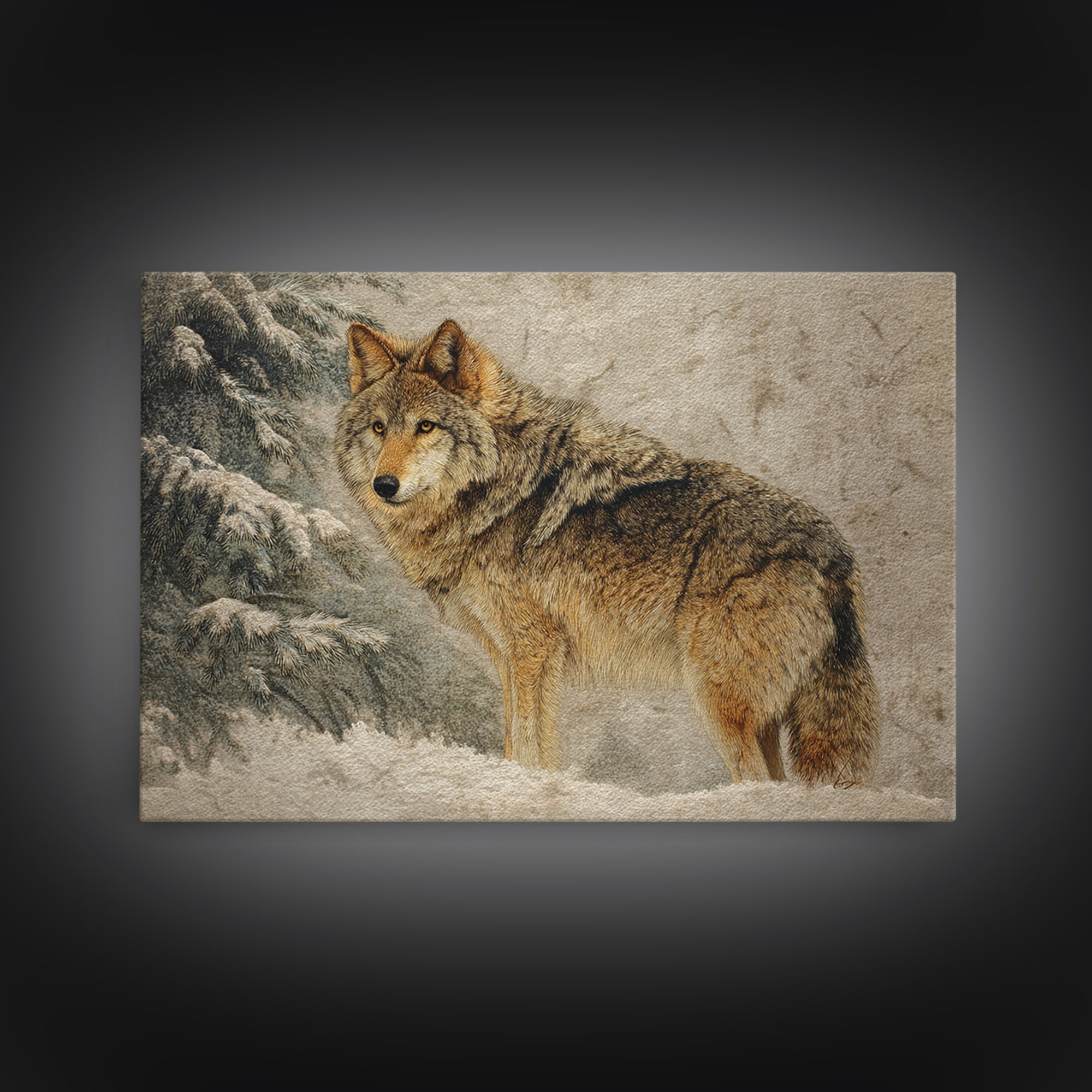 Wolf Standing Beneath Snowy Pine Trees Framed Canvas Print, Wildlife Art, Wall Decor, Living Room Decor, Oil Painting, Wild, WIL-3x2-55