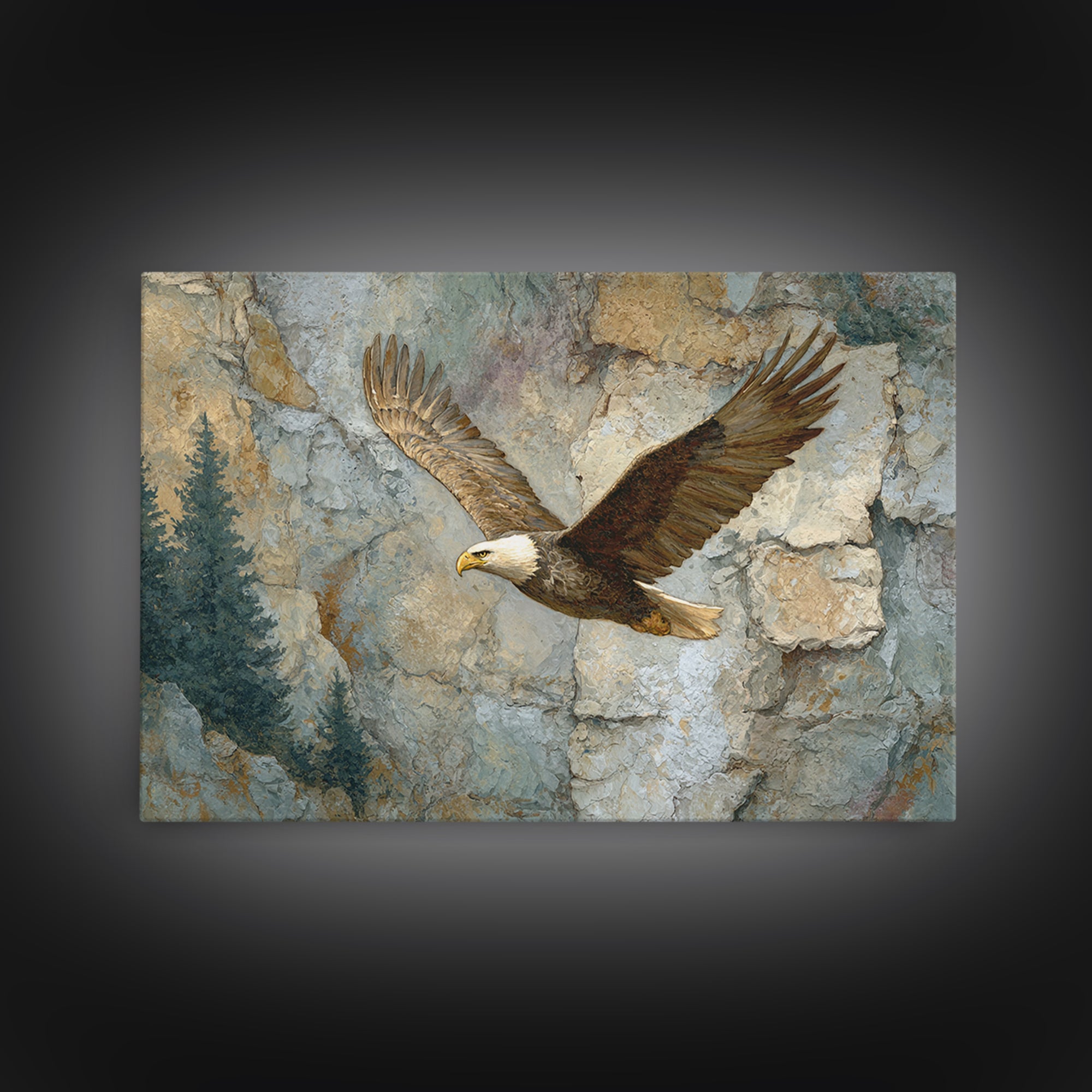 Eagle Soaring Above Rocky Cliffs Canvas Print, Wildlife Art, Bird Art, Living Room Decor, Watercolor Art, Wild, WIL-3x2-58