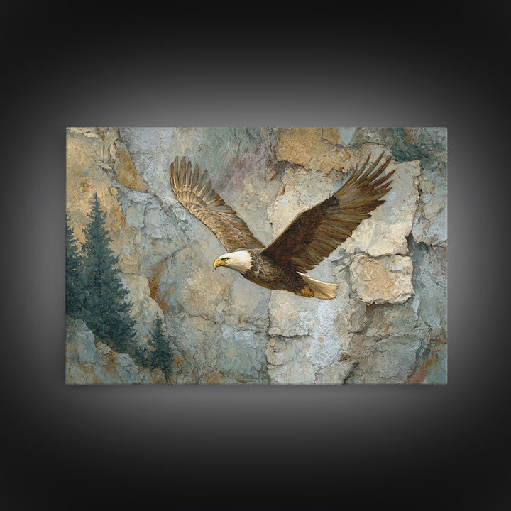 Eagle Soaring Above Rocky Cliffs Canvas Print, Wildlife Art, Bird Art, Living Room Decor, Watercolor Art, Wild, WIL-3x2-58