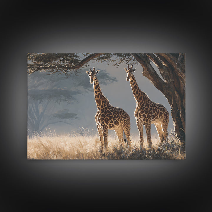 Giraffe Pair under Acacia Tree Framed Canvas Print, Wildlife Art, Living Room Decor, Oil Painting, Wild, Digital Wall Art, WIL-3x2-59
