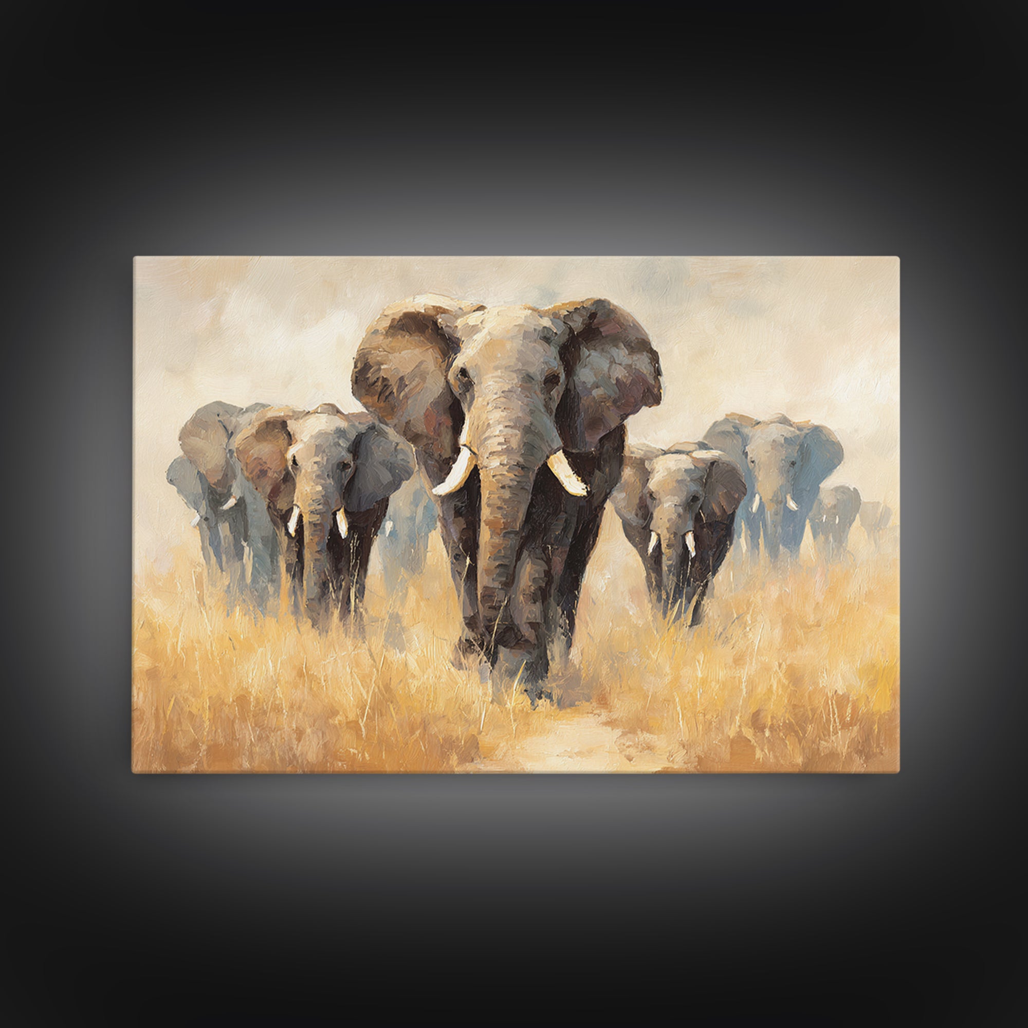 Elephant Herd Walking Through Dusty Sunset Framed Canvas Print, Wildlife Art, Living Room Decor, Wild, Living Room Art, WIL-3x2-6