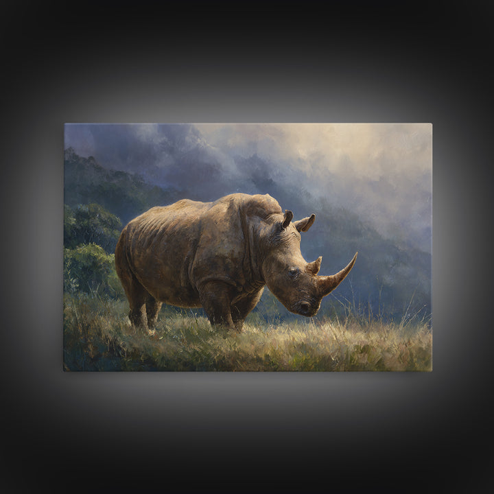 Rhino in Dramatic Stormy Light Framed Canvas Print, Wildlife Art, Original Artwork, Living Room Decor, Fine Art, Wild, WIL-3x2-60