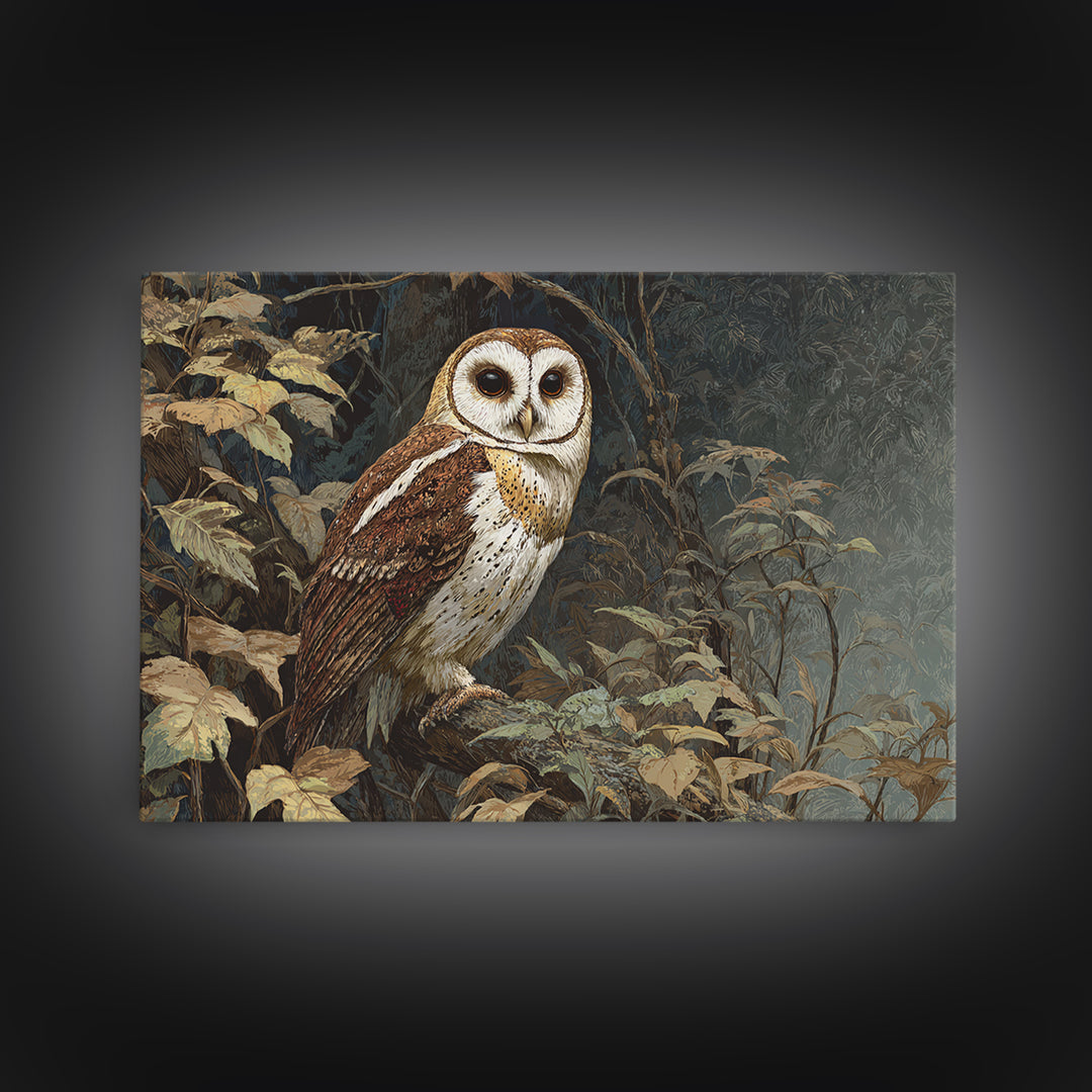 Owl Perched in Moonlit Woodland Framed Canvas Print, Wildlife Art, Gallery Decor, Living Room Decor, Abstract Art, Wild, WIL-3x2-64