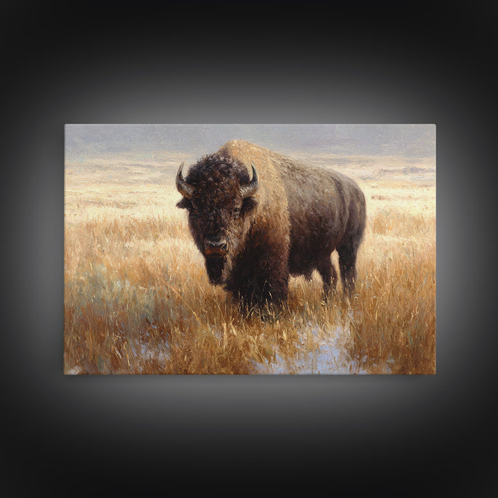 Bison on Wide Western Prairie Framed Canvas Print, Wildlife Art, Digital Download Art, Living Room Decor, Watercolor Art, Wild, WIL-3x2-65