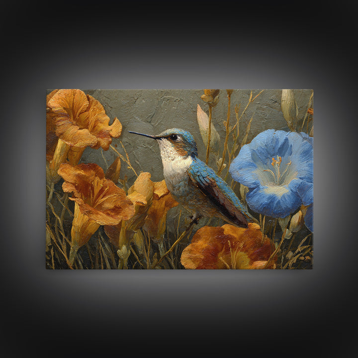 Hummingbird Beside Bright Flowers Canvas Print, Wildlife Art, Neutral Decor, Living Room Decor, Oil Painting, Wild, Wall Art, WIL-3x2-68