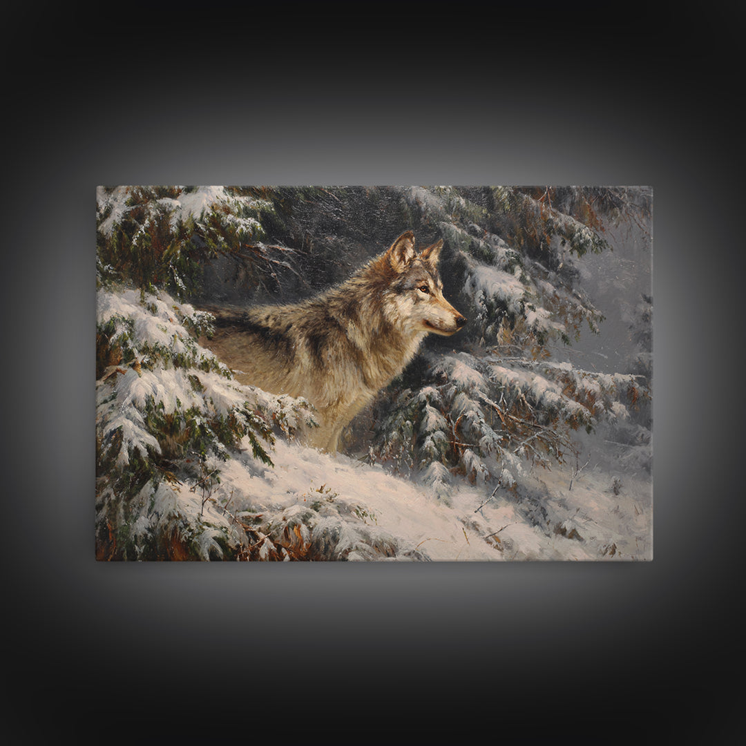 Wolf Standing Beneath Snowy Pine Trees Framed Canvas Print, Wildlife Art, Home Decor, Living Room Decor, Abstract Art, Wild, WIL-3x2-7