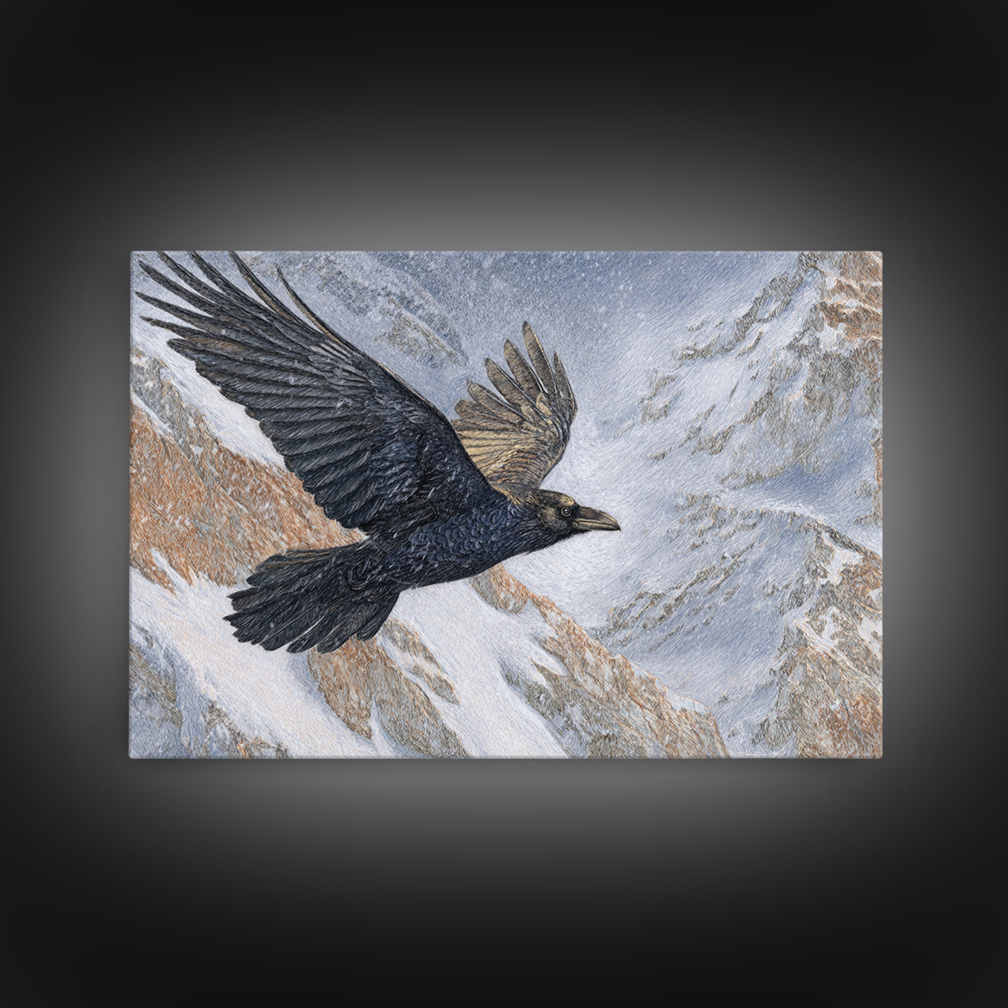 Raven Flying Through Snowy Mountains Canvas Print, Wildlife Art, Forest Wall Art, Living Room Decor, Fine Art, Wild, WIL-3x2-76