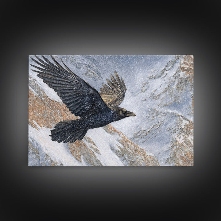 Raven Flying Through Snowy Mountains Canvas Print, Wildlife Art, Forest Wall Art, Living Room Decor, Fine Art, Wild, WIL-3x2-76