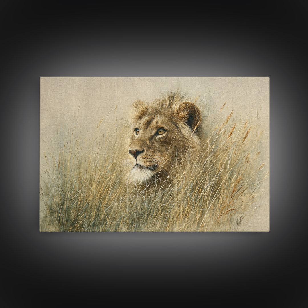 Lion Emerging from Golden Savanna Grass Framed Canvas Print, Wildlife Art, Gallery Decor, Living Room Decor, Fine Art, Wild, WIL-3x2-77
