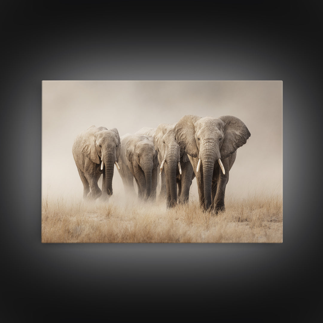 Elephant Herd Walking Through Dusty Sunset Framed Canvas Print, Wildlife Art, Digital Download Art, Living Room Decor, Wild, WIL-3x2-78