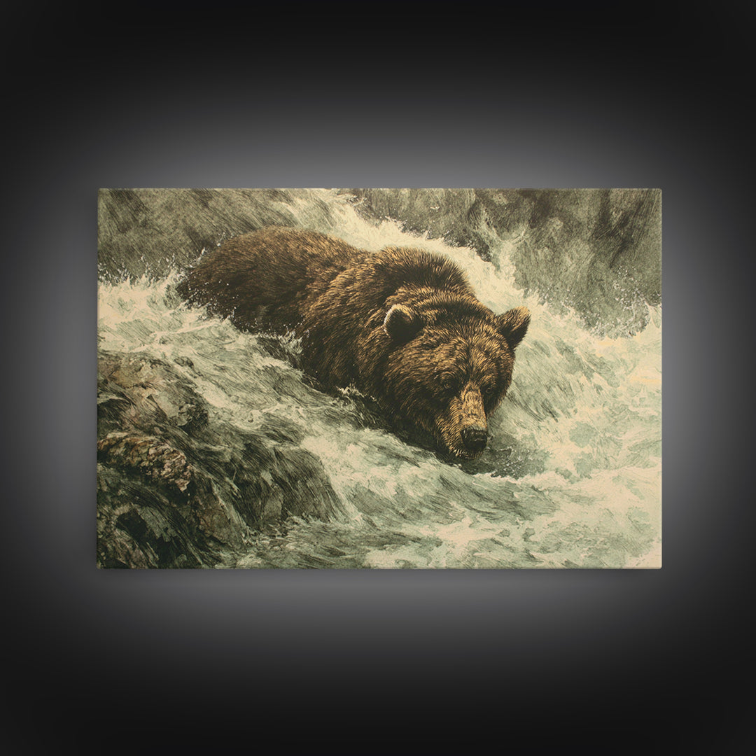 Bear Fishing in Rushing Mountain River Framed Canvas Print, Wildlife Art, Wall Art Print, Living Room Decor, Fine Art, Wild, WIL-3x2-8