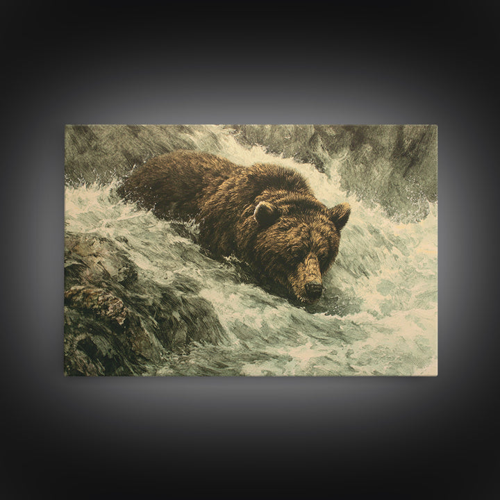 Bear Fishing in Rushing Mountain River Framed Canvas Print, Wildlife Art, Wall Art Print, Living Room Decor, Fine Art, Wild, WIL-3x2-8