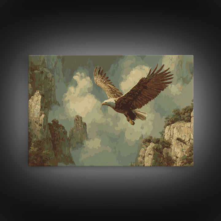 Eagle Soaring Above Rocky Cliffs Framed Canvas Print, Wildlife Art, Living Room Art, Living Room Decor, Oil Painting, Wild, WIL-3x2-82