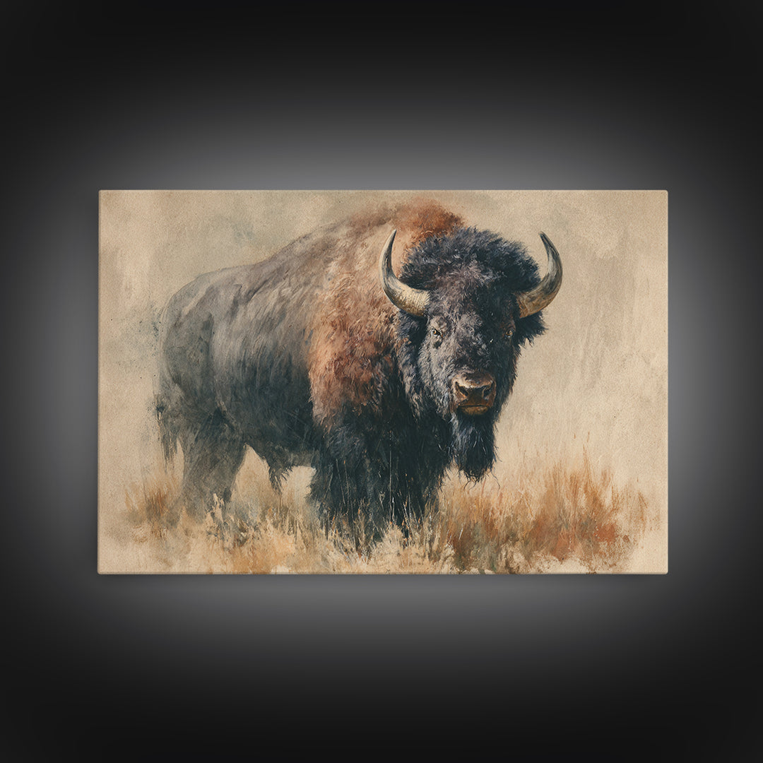 Bison on Wide Western Prairie Canvas Print, Wildlife Art, Forest Wall Art, Living Room Decor, Oil Painting, Wild, WIL-3x2-89