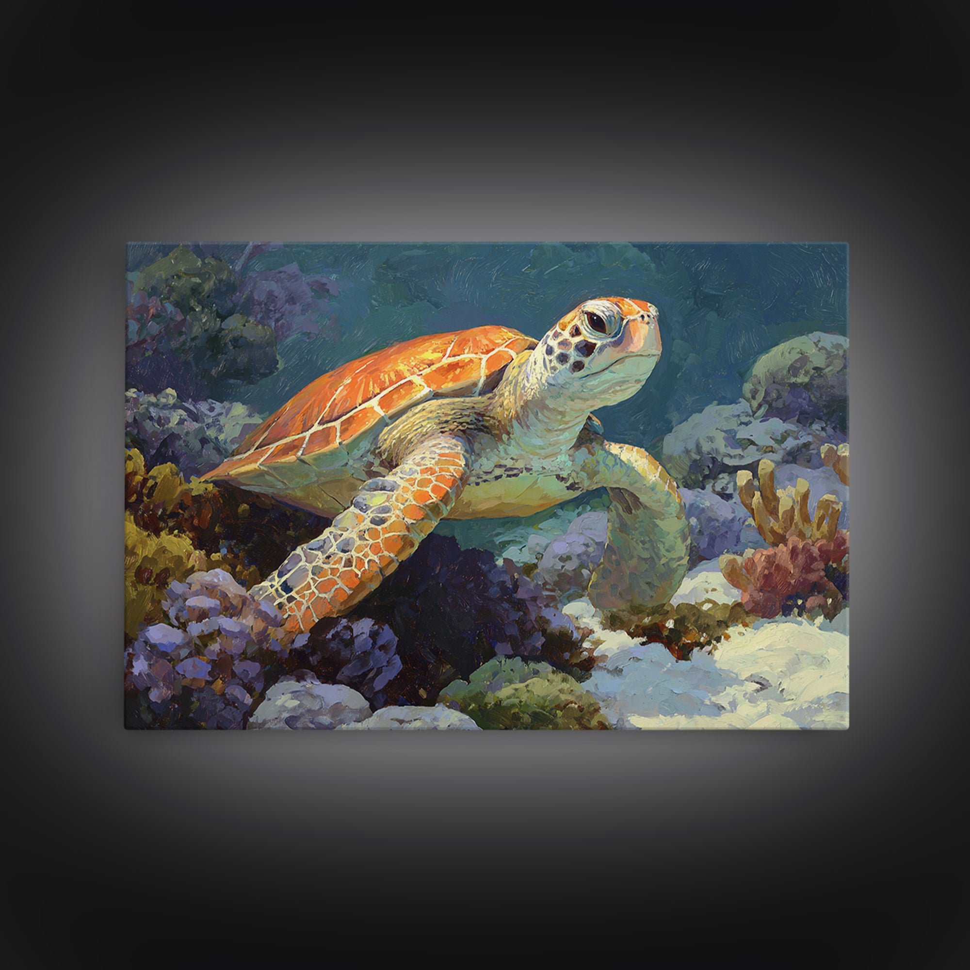 Sea Turtle over Coral Reef Canvas Print, Wildlife Art, Landscape Art, Living Room Decor, Abstract Art, Wild, Modern Decor, WIL-3x2-94