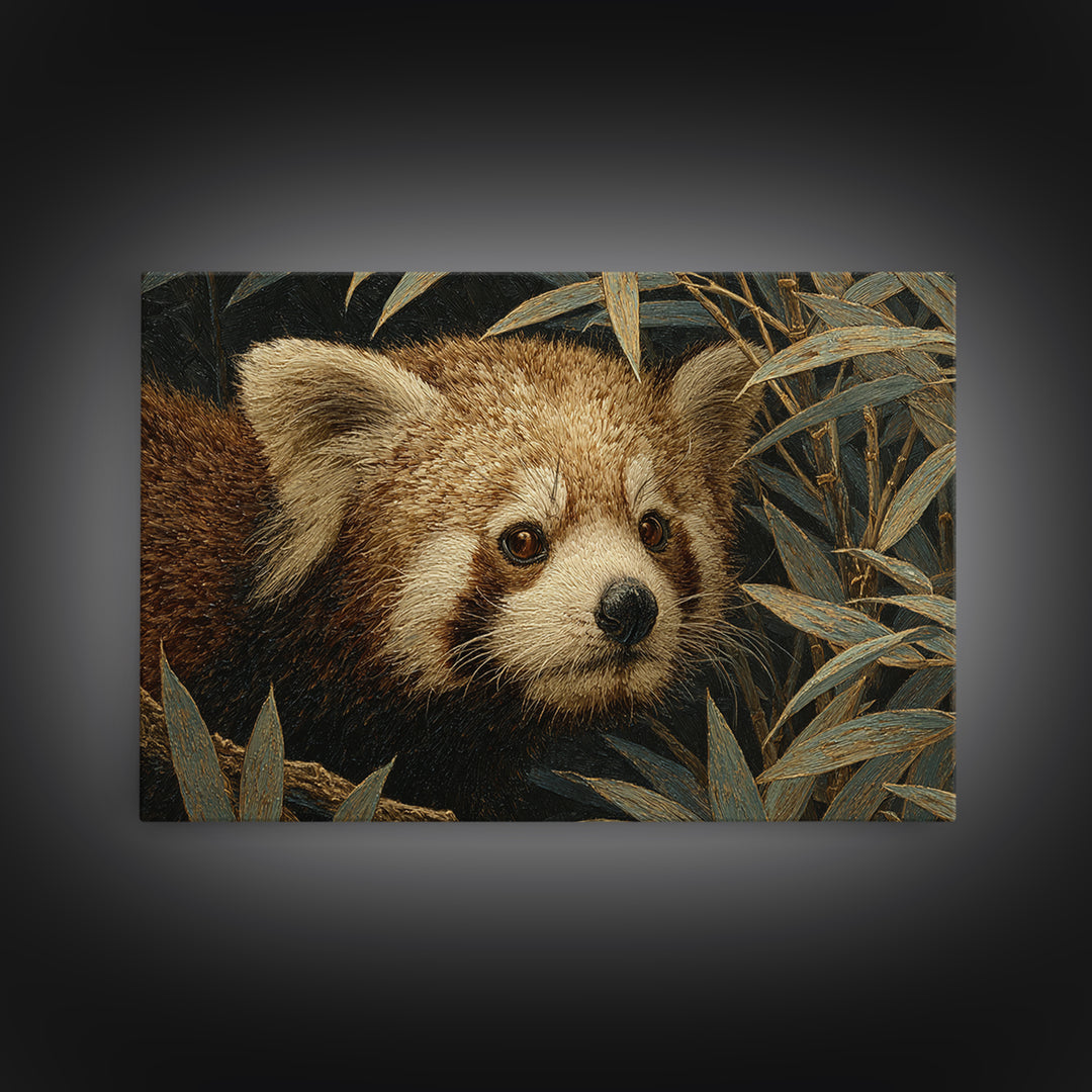 Red Panda Among Bamboo Leaves Framed Canvas Print, Wildlife Art, Art Print, Living Room Decor, Fine Art, Wild, Digital Wall Art, WIL-3x2-96