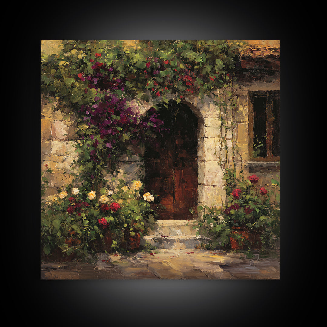 Vineyard Gate with Climbing Roses Canvas Print, Winery Art, Farmhouse Decor, Winery Decor, Oil Painting, Vineyard, Bar Art, WIN-1x1-15