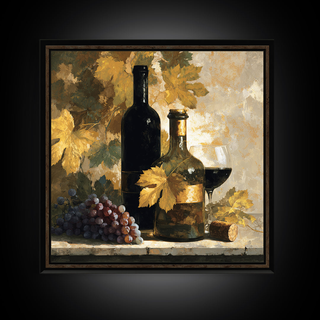Black and Gold Wine Bottle Silhouette Framed Canvas Print, Winery Art, Kitchen Art, Winery Decor, Watercolor Art, Vineyard, WIN-1x1-16