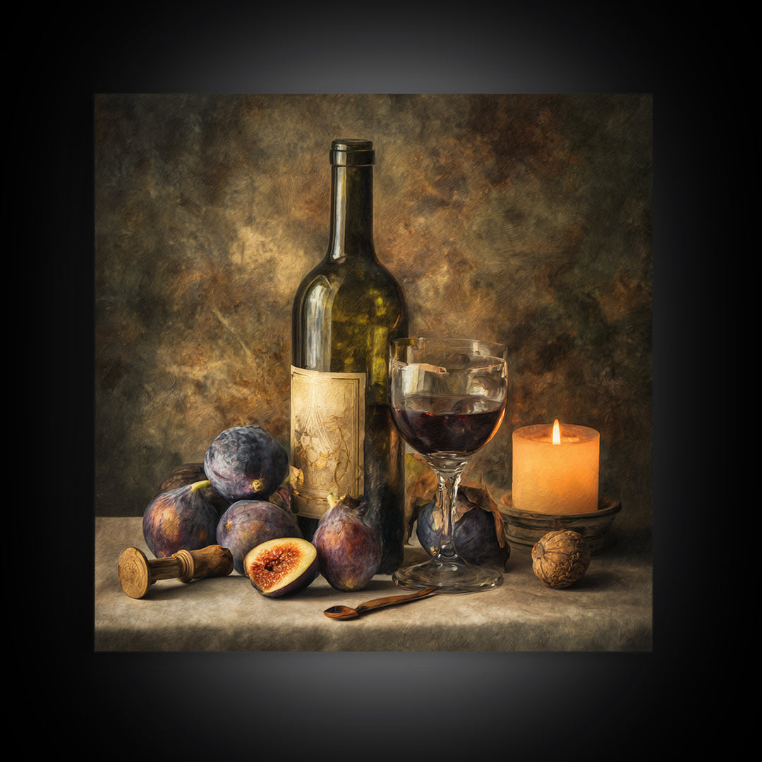 Wine Bottle and Glass Still Life Framed Canvas Print, Winery Art, Preppy Wall Art, Winery Decor, Vineyard, Statement Artwork, WIN-1x1-2