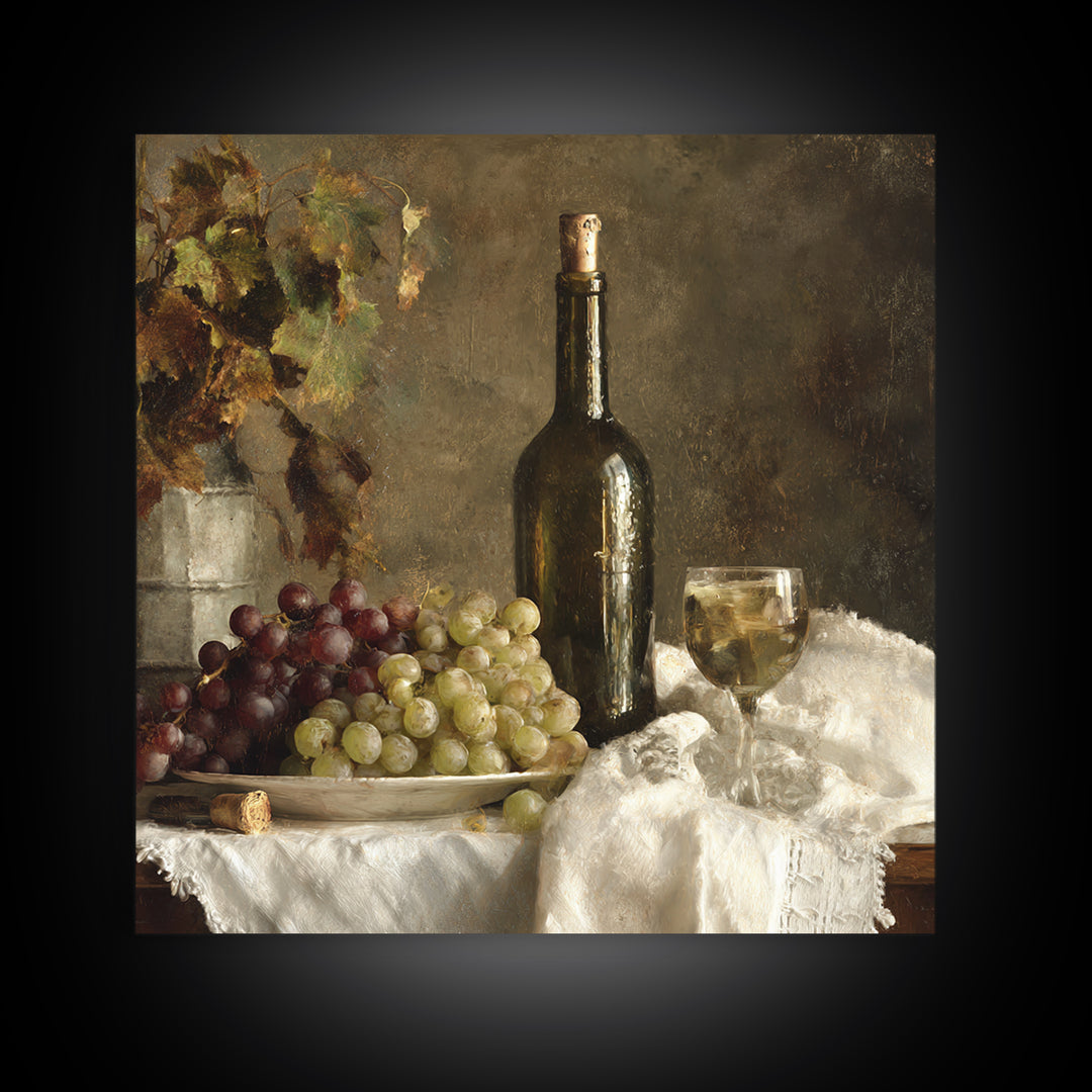 Champagne Grapes and White Linen Still Life Framed Canvas Print, Winery Art, Winery Decor, Abstract Art, Vineyard, WIN-1x1-29