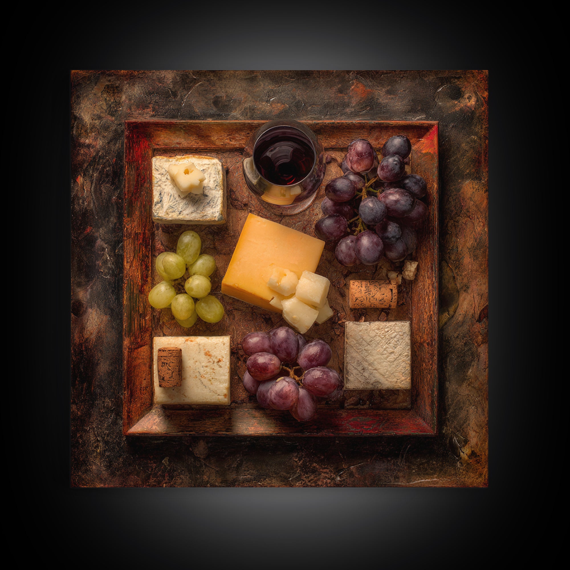 Charcuterie Board with Grapes and Cheese Framed Canvas Print, Winery Art, Boho Decor, Winery Decor, Oil Painting, Vineyard, WIN-1x1-37
