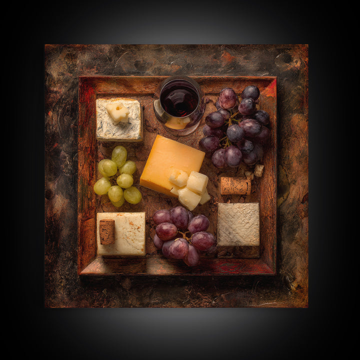 Charcuterie Board with Grapes and Cheese Framed Canvas Print, Winery Art, Boho Decor, Winery Decor, Oil Painting, Vineyard, WIN-1x1-37