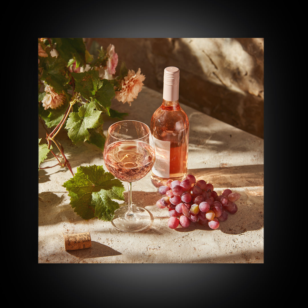 Ros Glass Beside Summer Flowers Framed Canvas Print, Winery Art, Gallery Decor, Winery Decor, Fine Art, Vineyard, Wall Art, WIN-1x1-38