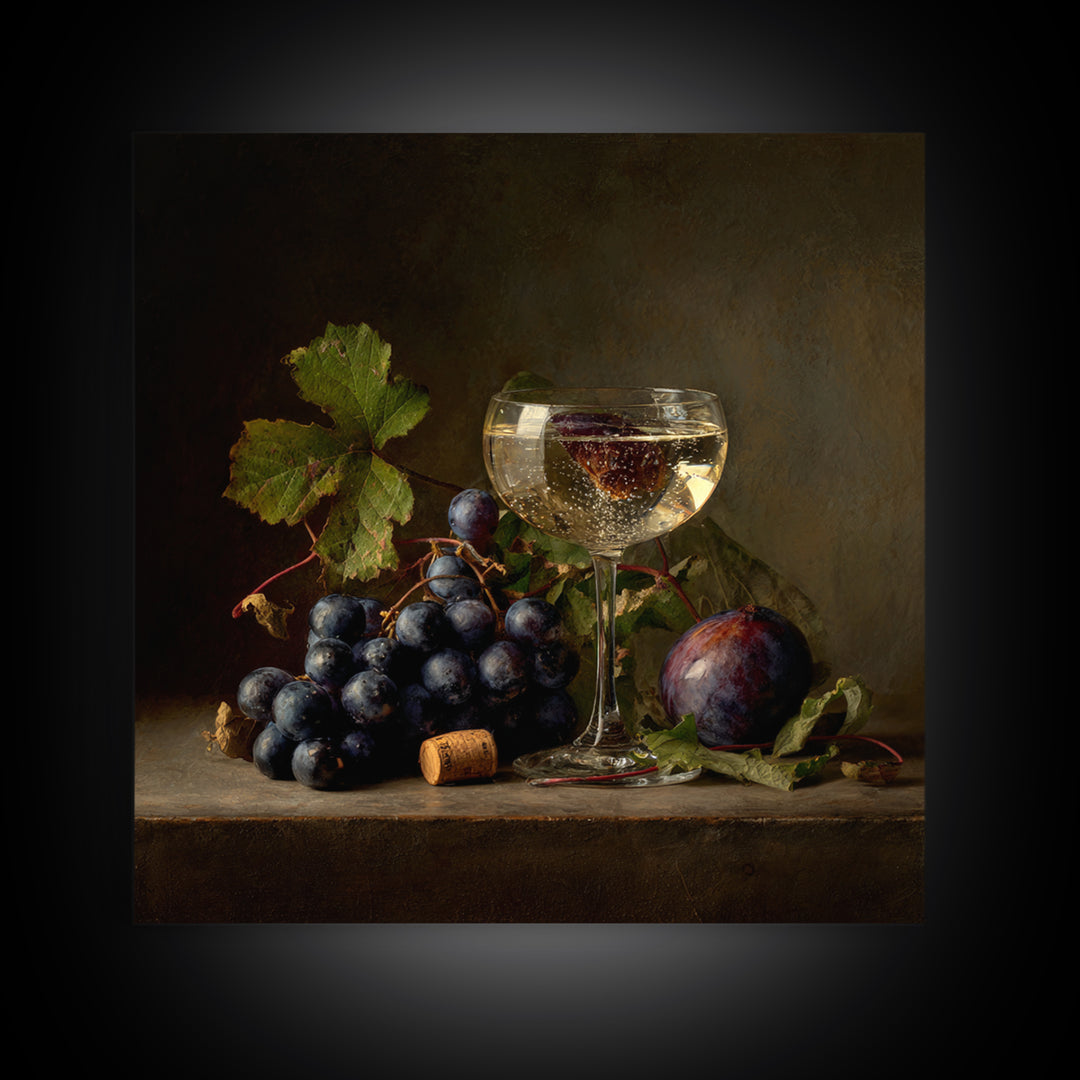 Champagne Coupe with Bubbles and Light Framed Canvas Print, Winery Art, Kitchen Wall Decor, Winery Decor, Oil Painting, WIN-1x1-43