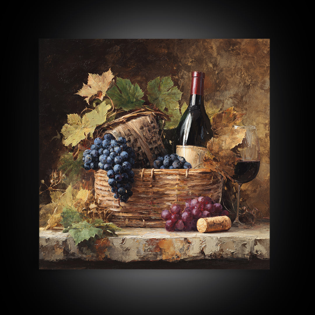Wine Harvest Basket Framed Canvas Print, Winery Art, Bar Art, Winery Decor, Fine Art, Vineyard, Textured Painting, WIN-1x1-46