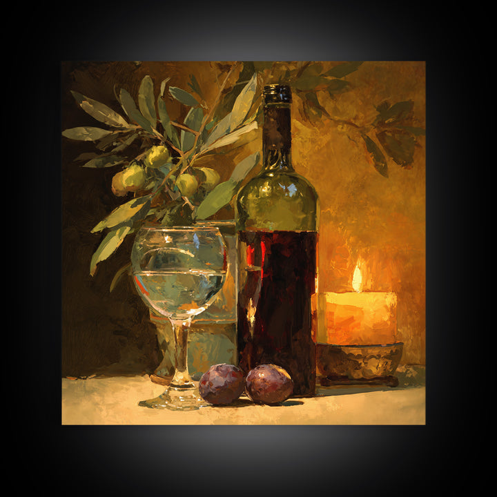 Olive Branch and Wine Glass Mediterranean Still Framed Canvas Print, Winery Art, Winery Decor, Oil Painting, Vineyard, WIN-1x1-48