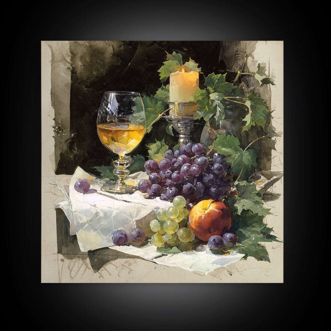 Champagne Grapes and White Linen Still Life Canvas Print, Winery Art, Fine Art Print, Winery Decor, Abstract Art, Vineyard, WIN-1x1-5
