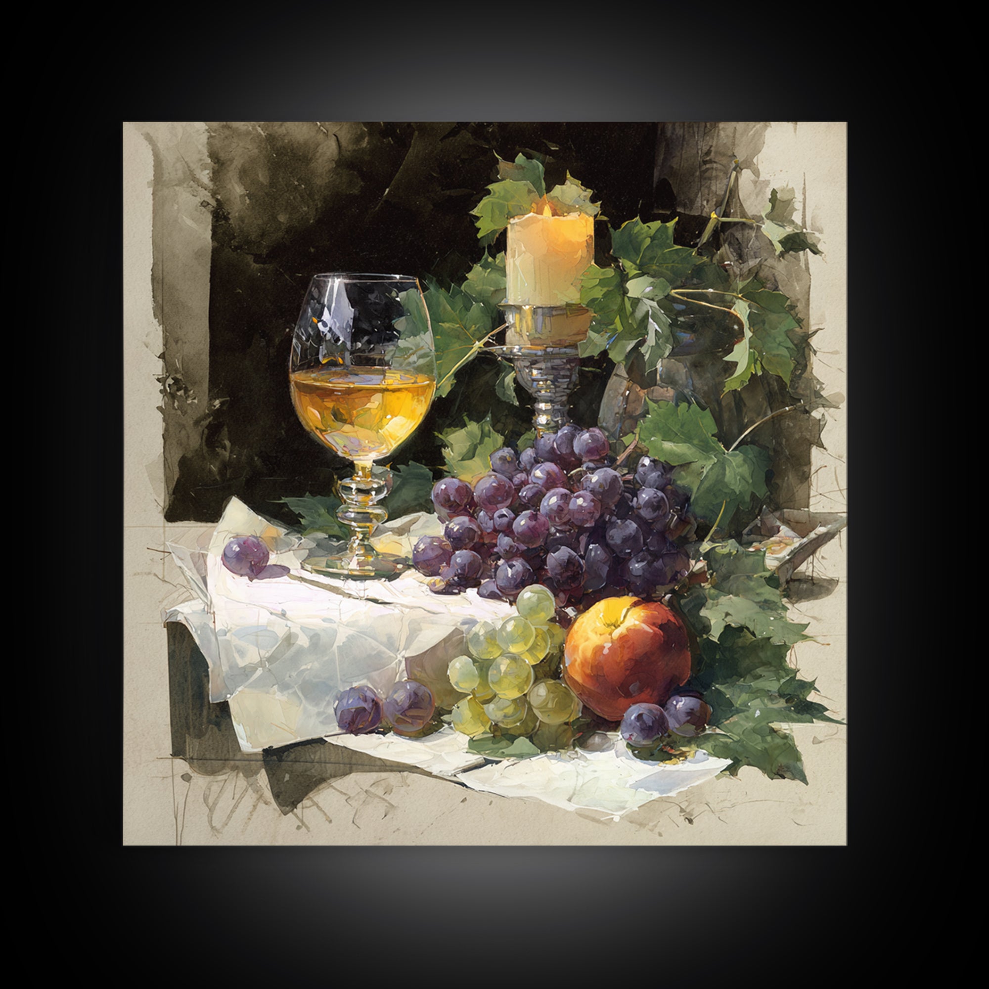 Champagne Grapes and White Linen Still Life Canvas Print, Winery Art, Fine Art Print, Winery Decor, Abstract Art, Vineyard, WIN-1x1-5