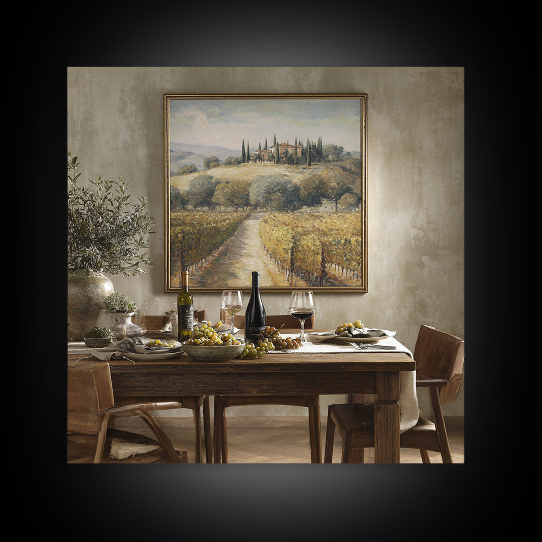 Tuscan Vineyard at Golden Hour Framed Canvas Print, Winery Art, Travel Poster, Winery Decor, Oil Painting, Vineyard, WIN-1x1-51