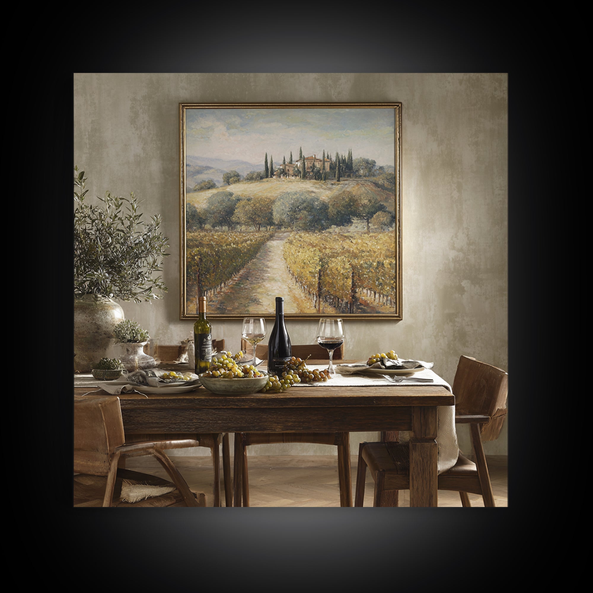 Tuscan Vineyard at Golden Hour Framed Canvas Print, Winery Art, Travel Poster, Winery Decor, Oil Painting, Vineyard, WIN-1x1-51