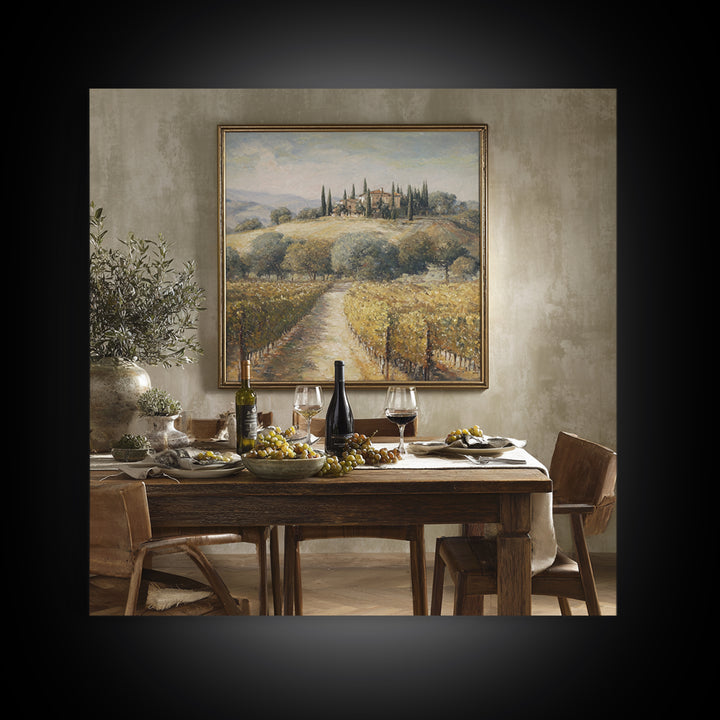 Tuscan Vineyard at Golden Hour Framed Canvas Print, Winery Art, Travel Poster, Winery Decor, Oil Painting, Vineyard, WIN-1x1-51