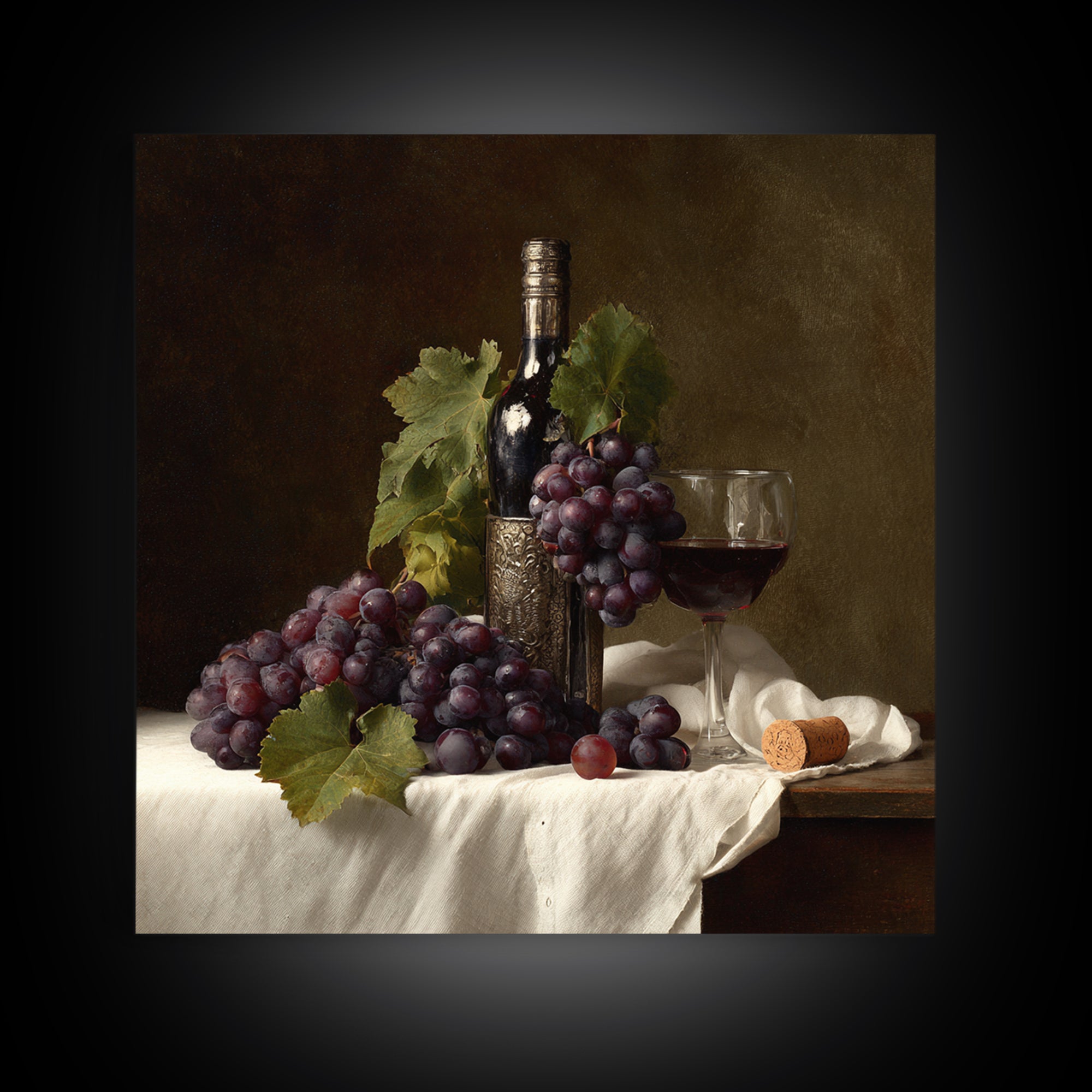 Champagne Grapes and White Linen Still Life Framed Canvas Print, Winery Art, Winery Decor, Abstract Art, Vineyard, WIN-1x1-53