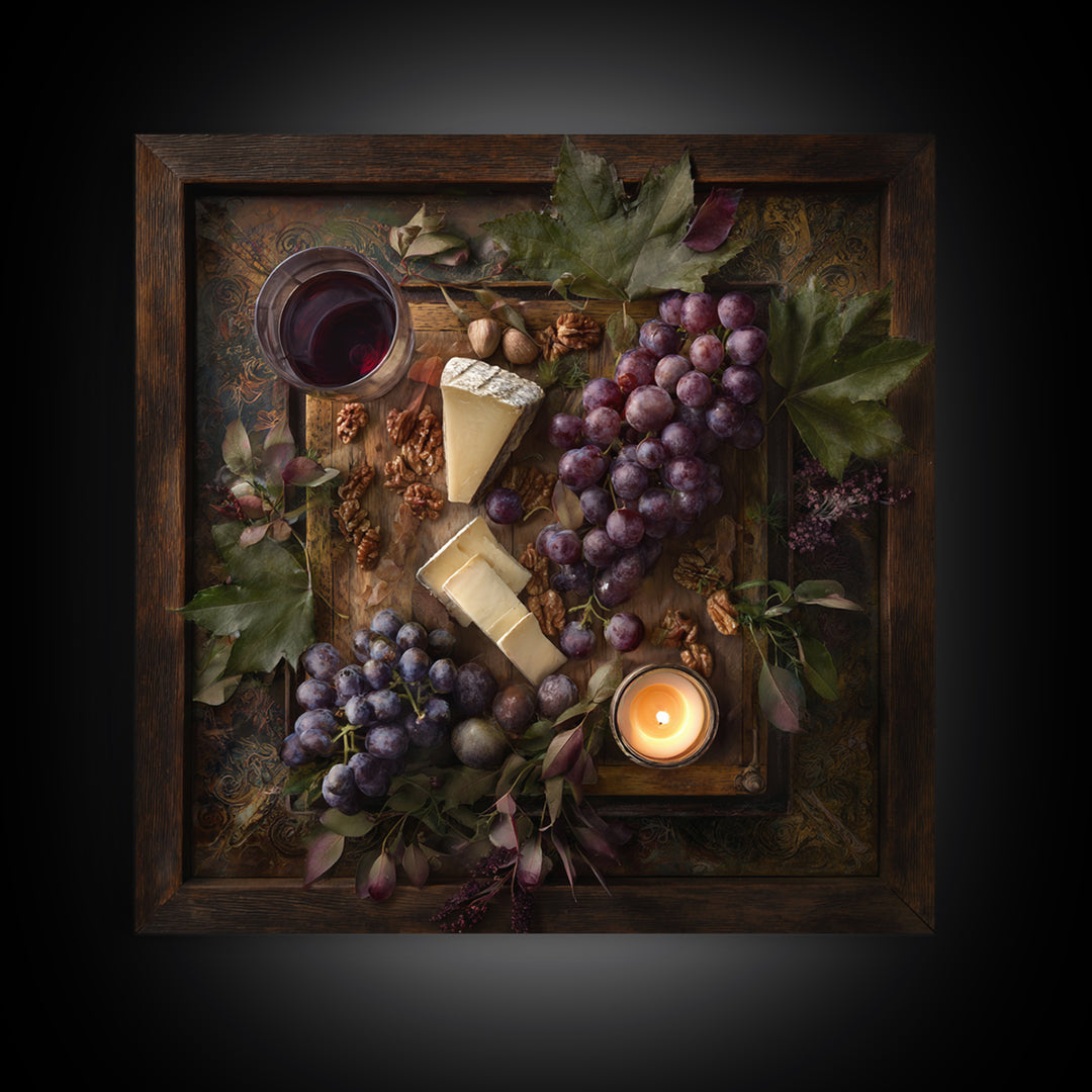 Charcuterie Board with Grapes and Cheese Framed Canvas Print, Winery Art, Boho Decor, Winery Decor, Oil Painting, Vineyard, WIN-1x1-61