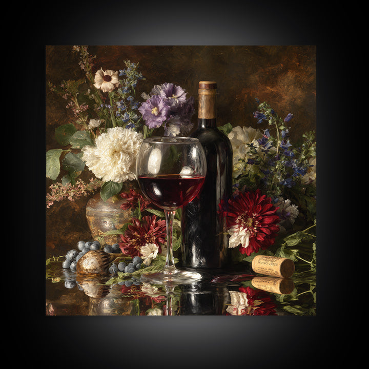 Ros Glass Beside Summer Flowers Framed Canvas Print, Winery Art, Gallery Decor, Winery Decor, Fine Art, Vineyard, Wall Art, WIN-1x1-62