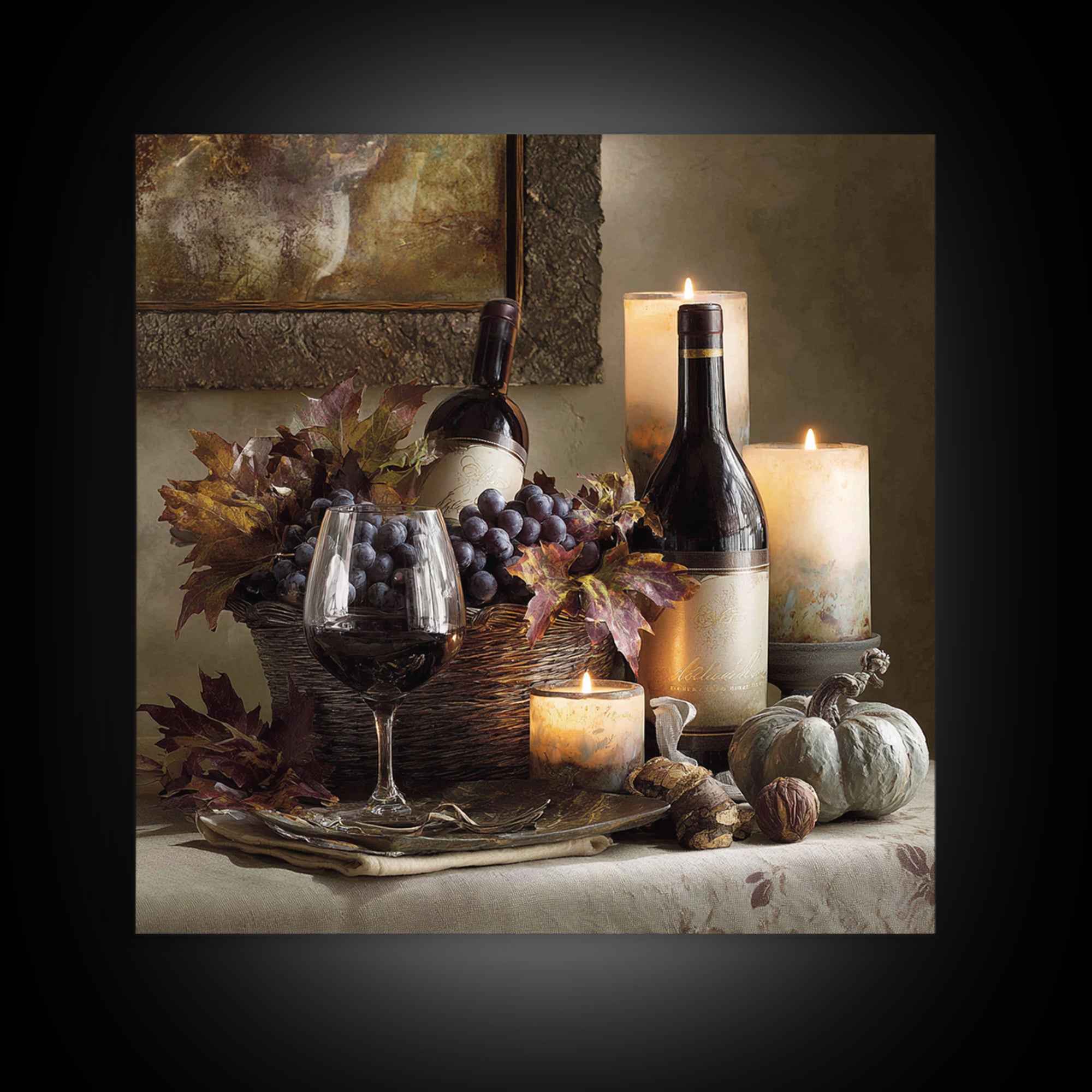 Wine Harvest Basket Framed Canvas Print, Winery Art, Bar Art, Winery Decor, Fine Art, Vineyard, Textured Painting, WIN-1x1-70