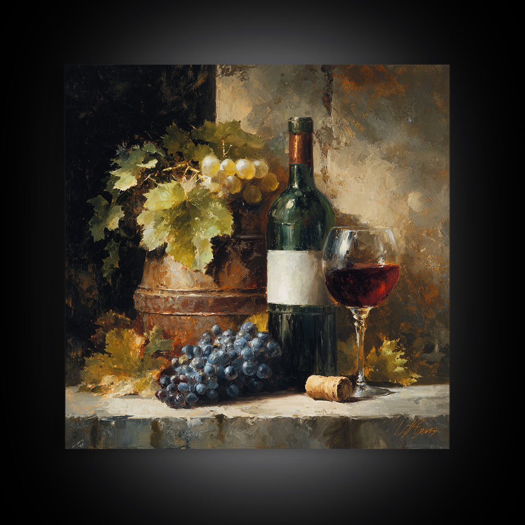 Olive Branch and Wine Glass Mediterranean Still Framed Canvas Print, Winery Art, Landscape Art, Winery Decor, Vineyard, WIN-1x1-72