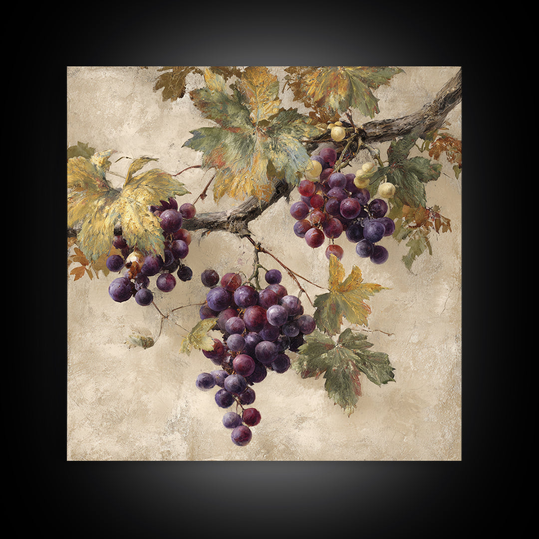 Grapevine Branch with Purple Grapes and Leaves Framed Canvas Print, Winery Art, Home Decor, Winery Decor, Fine Art, Vineyard, WIN-1x1-73