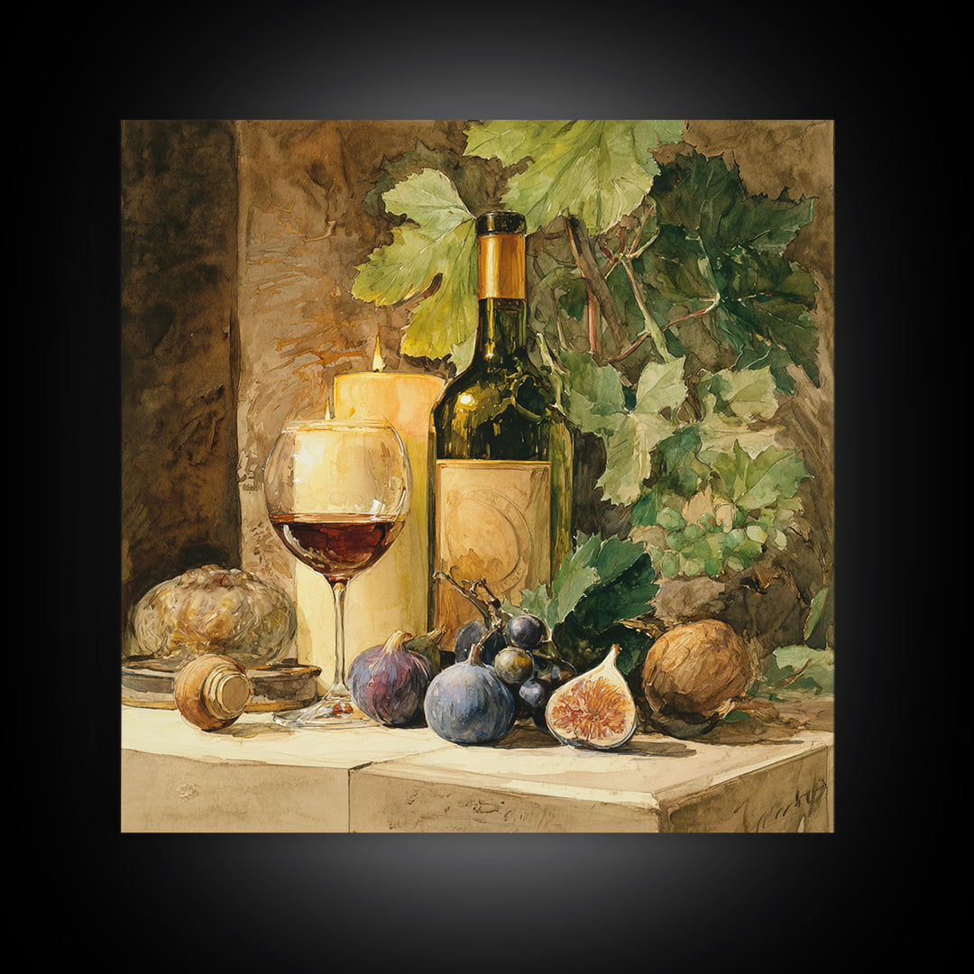 Wine Bottle and Glass Still Life Framed Canvas Print, Winery Art, Fine Art Print, Winery Decor, Fine Art, Vineyard, Wall Decor, WIN-1x1-74