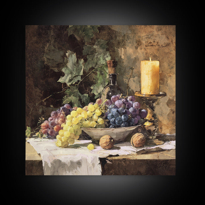 Champagne Grapes and White Linen Still Life Canvas Print, Winery Art, Art, Winery Decor, Fine Art, Vineyard, Farmhouse Decor, WIN-1x1-77