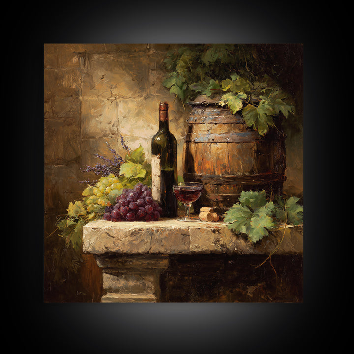 Wine Barrel with Lavender and Sunlight Framed Canvas Print, Winery Art, Statement Artwork, Winery Decor, Fine Art, Vineyard, WIN-1x1-78
