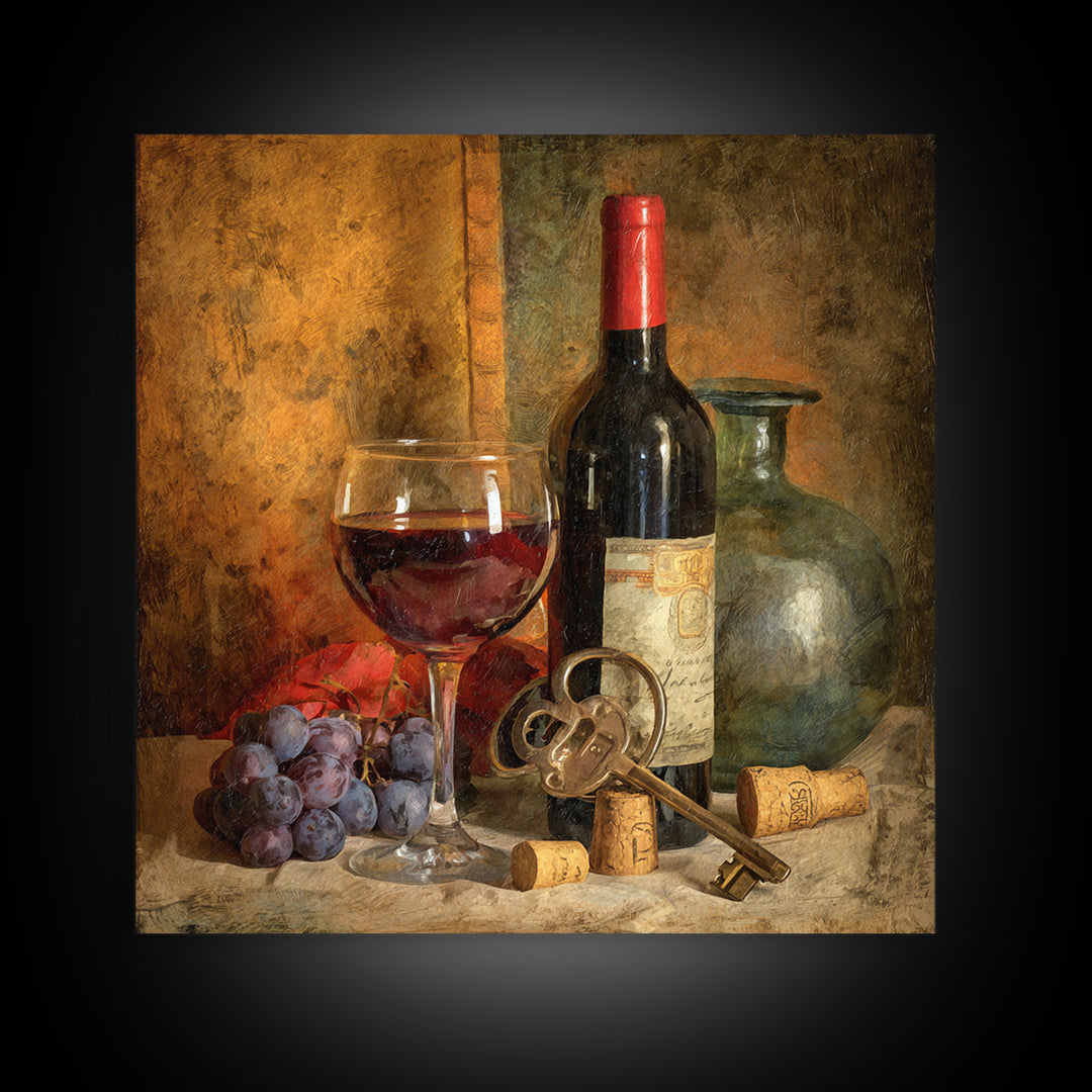 Old Cellar Key and Wine Label Shapes Framed Canvas Print, Winery Art, Landscape Art, Winery Decor, Fine Art, Vineyard, WIN-1x1-84