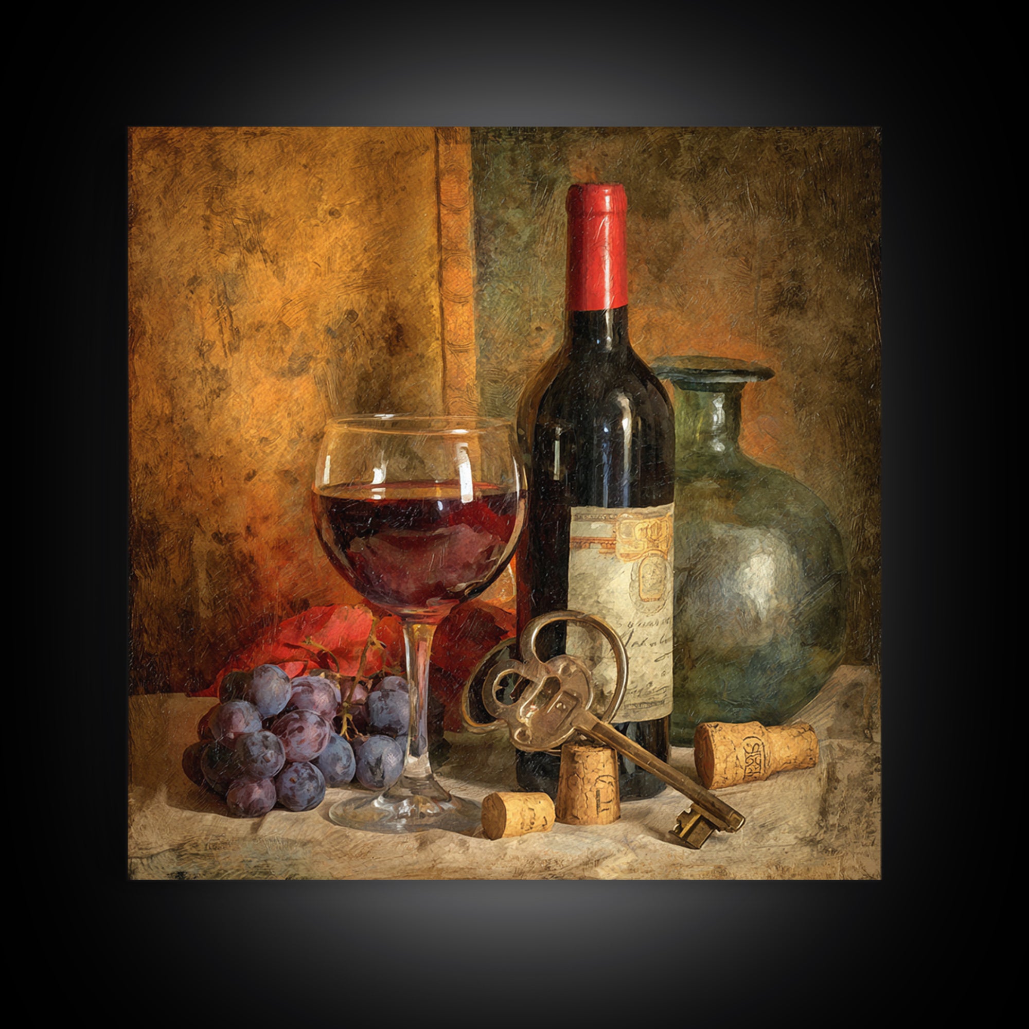 Old Cellar Key and Wine Label Shapes Framed Canvas Print, Winery Art, Landscape Art, Winery Decor, Fine Art, Vineyard, WIN-1x1-84