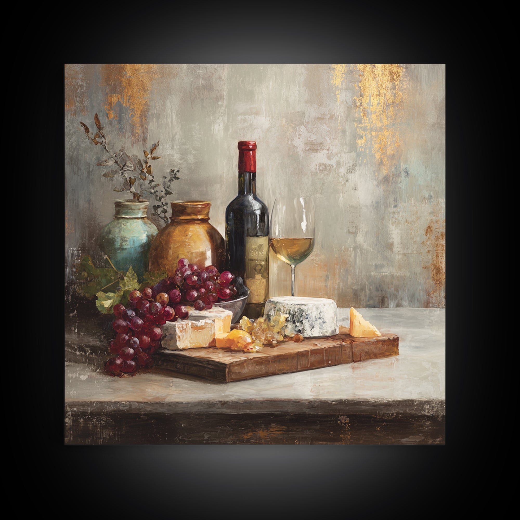 Charcuterie Board with Grapes and Cheese Canvas Print, Winery Art, Minimalist Decor, Winery Decor, Fine Art, Vineyard, WIN-1x1-85